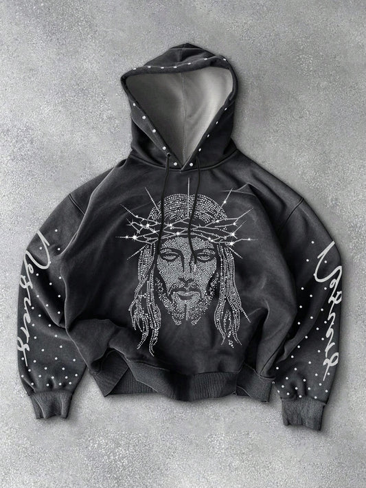 Men Rhinestone Jesus Graphic Hoodie