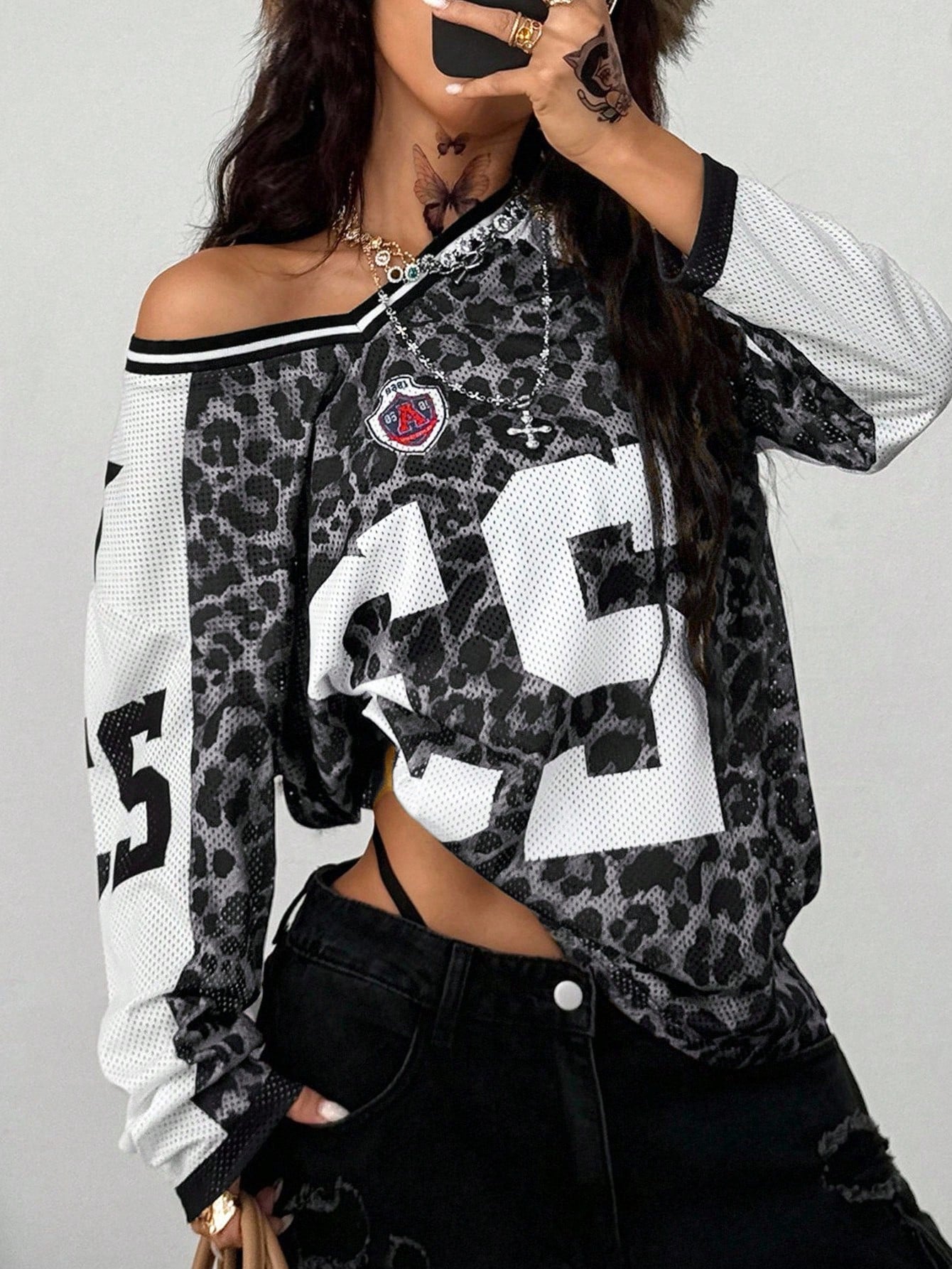 Unisex Grey Oversized Long Sleeve V-Neck Jersey