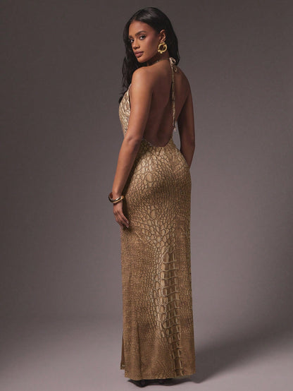 Khaki Animal Print Halter Neck Slit Maxi Dress
