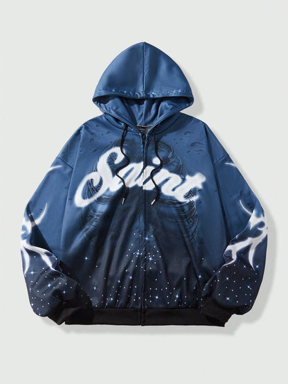 Men Drop Shoulder Zip Up Graphic Hoodie