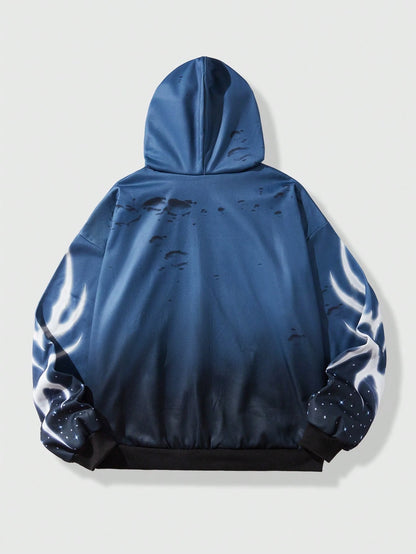 Men Drop Shoulder Zip Up Graphic Hoodie