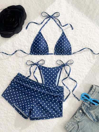 Polka Dot Print 3-Piece Ruched Triangle Bikini Set