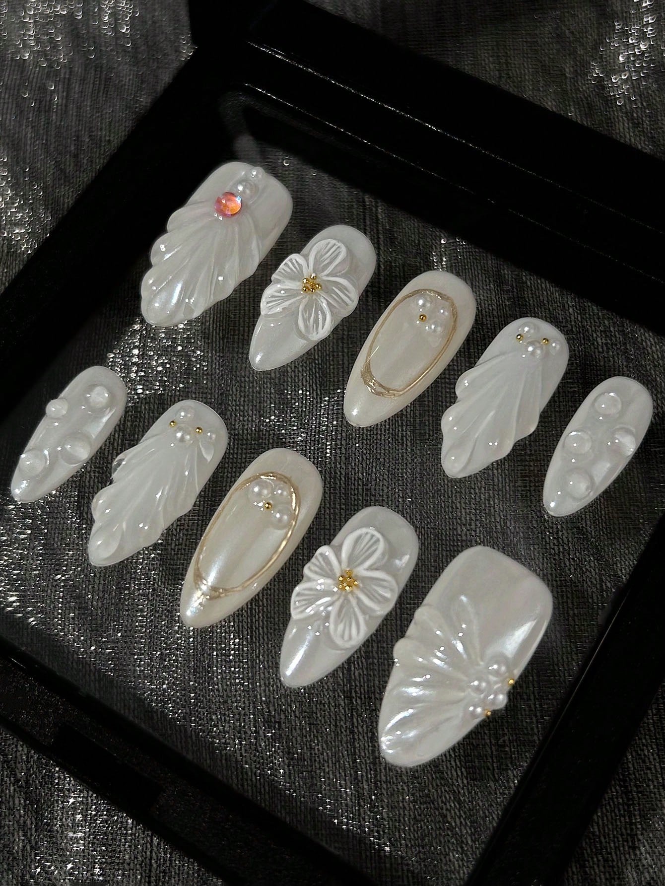 White Almond 3D Floral Wedding Press-On Nails