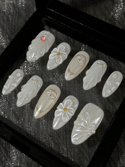 White Almond 3D Floral Wedding Press-On Nails