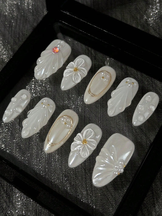 White Almond 3D Floral Wedding Press-On Nails