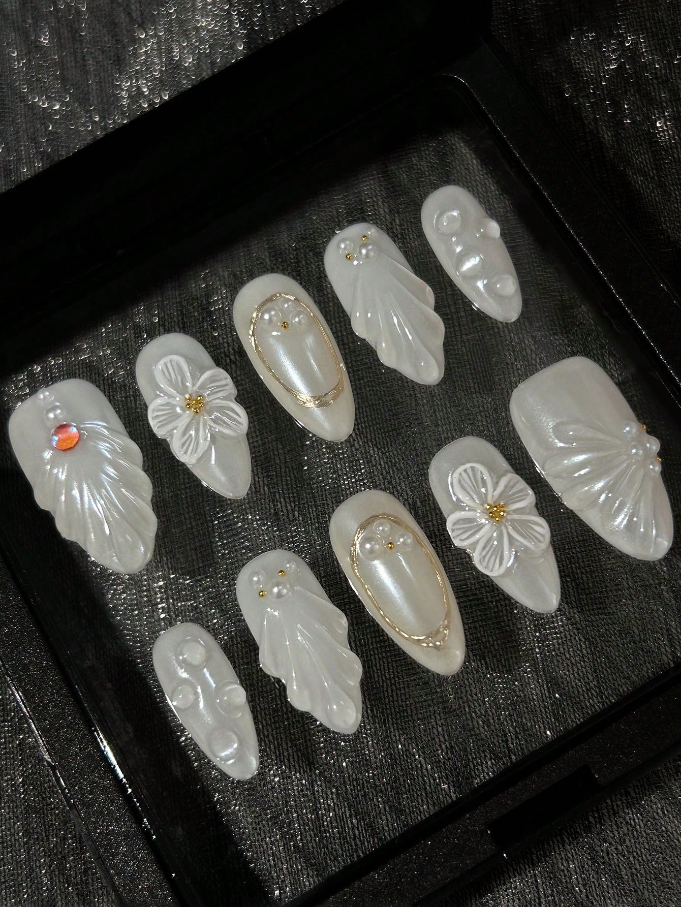 White Almond 3D Floral Wedding Press-On Nails