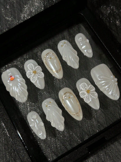White Almond 3D Floral Wedding Press-On Nails
