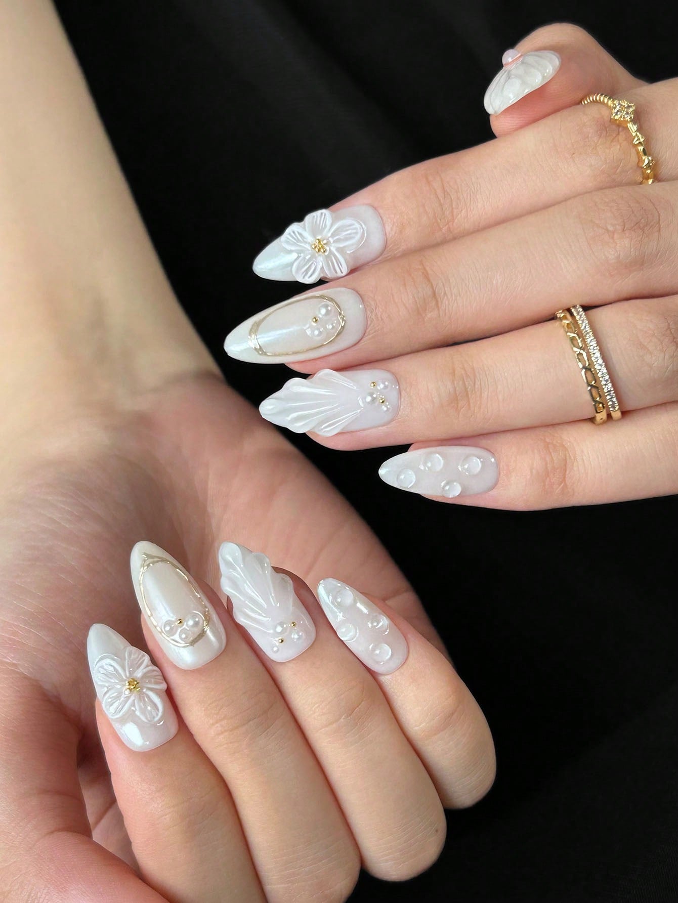 White Almond 3D Floral Wedding Press-On Nails