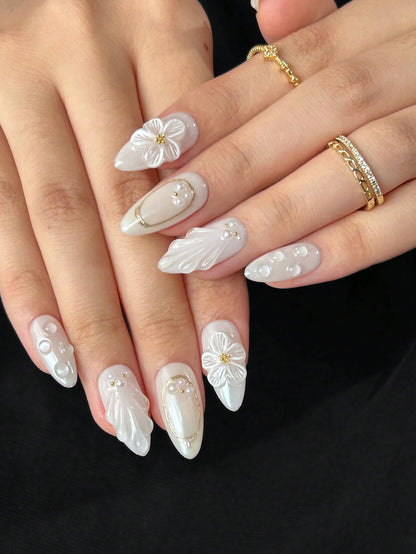 White Almond 3D Floral Wedding Press-On Nails