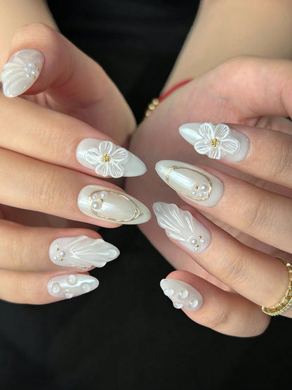 White Almond 3D Floral Wedding Press-On Nails