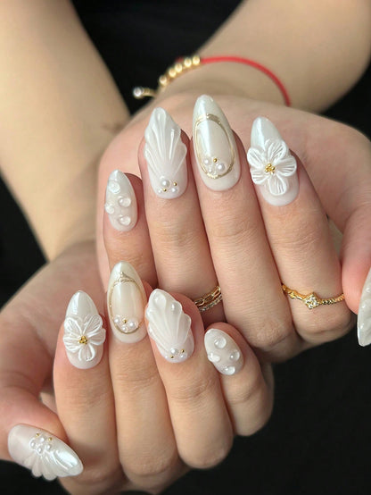White Almond 3D Floral Wedding Press-On Nails
