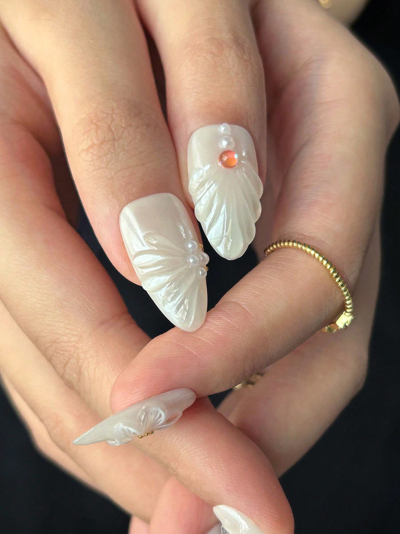 White Almond 3D Floral Wedding Press-On Nails