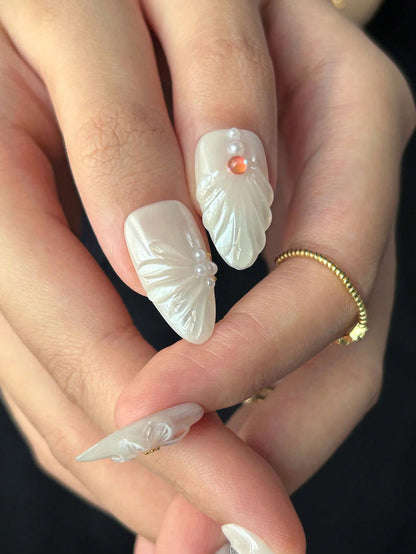 White Almond 3D Floral Wedding Press-On Nails