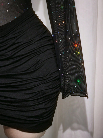 Plus Size Y2K Sequin Mesh Sheer Wrap Long Sleeve Dress