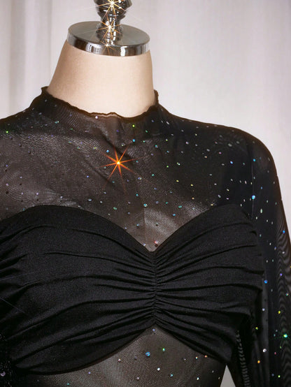 Plus Size Y2K Sequin Mesh Sheer Wrap Long Sleeve Dress