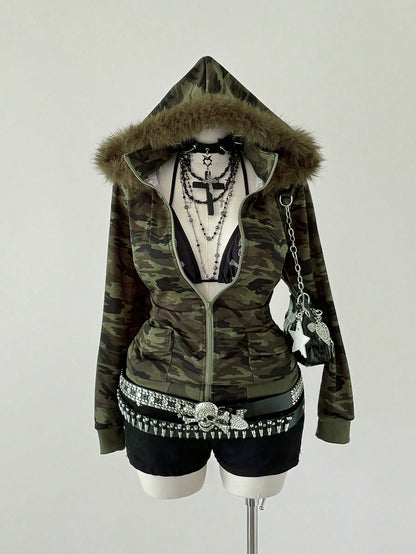Plus Size Dark Camouflage Long Sleeve Hoodie