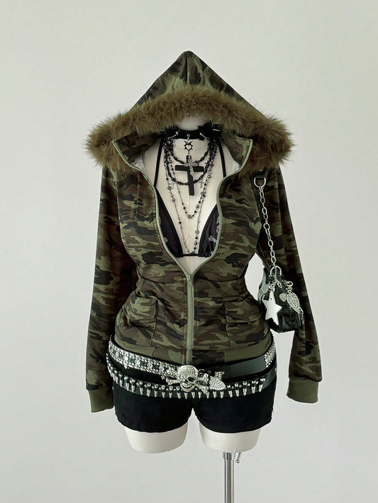 Plus Size Dark Camouflage Long Sleeve Hoodie