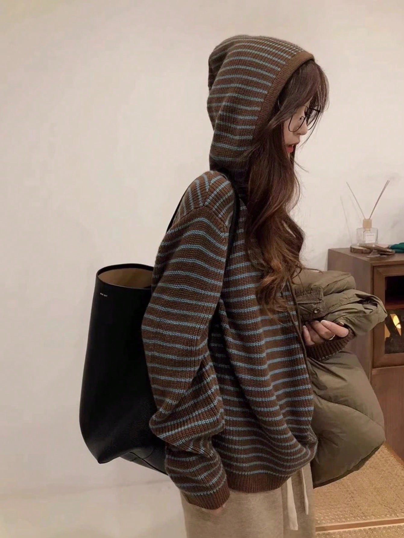 Women's Striped Minimalist Hooded Knit Sweater