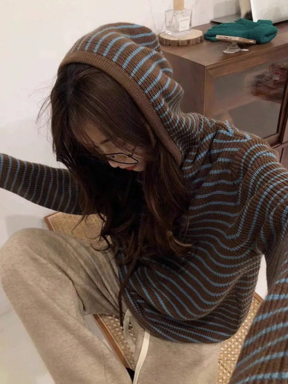 Women's Striped Minimalist Hooded Knit Sweater