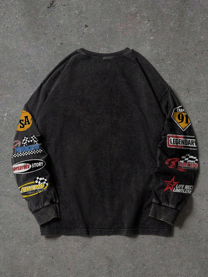EMRG Men Dark Grey Slogan Drop Shoulder Top