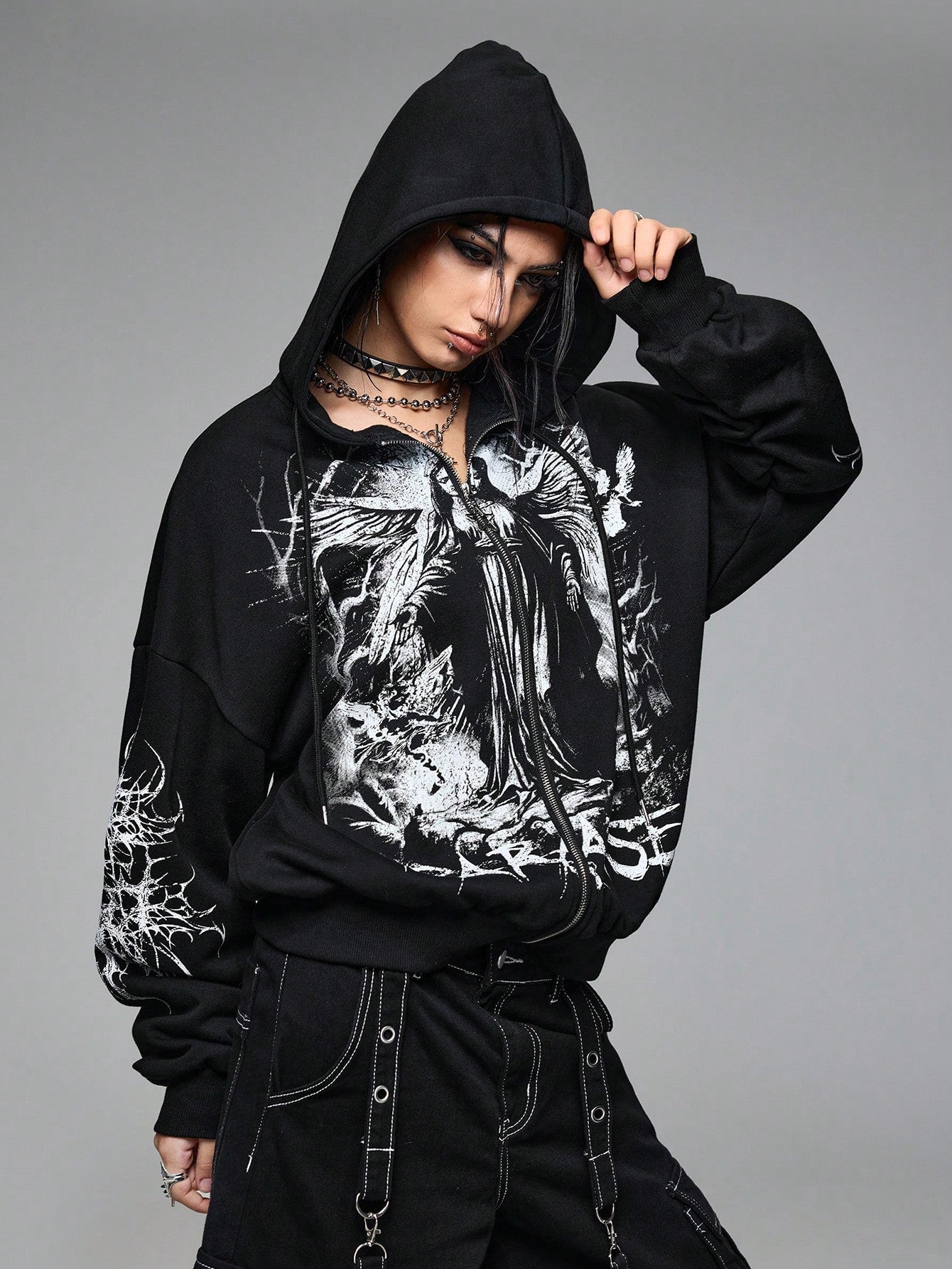 Grunge Punk Virgin Mary Thorn Fleece Hoodie
