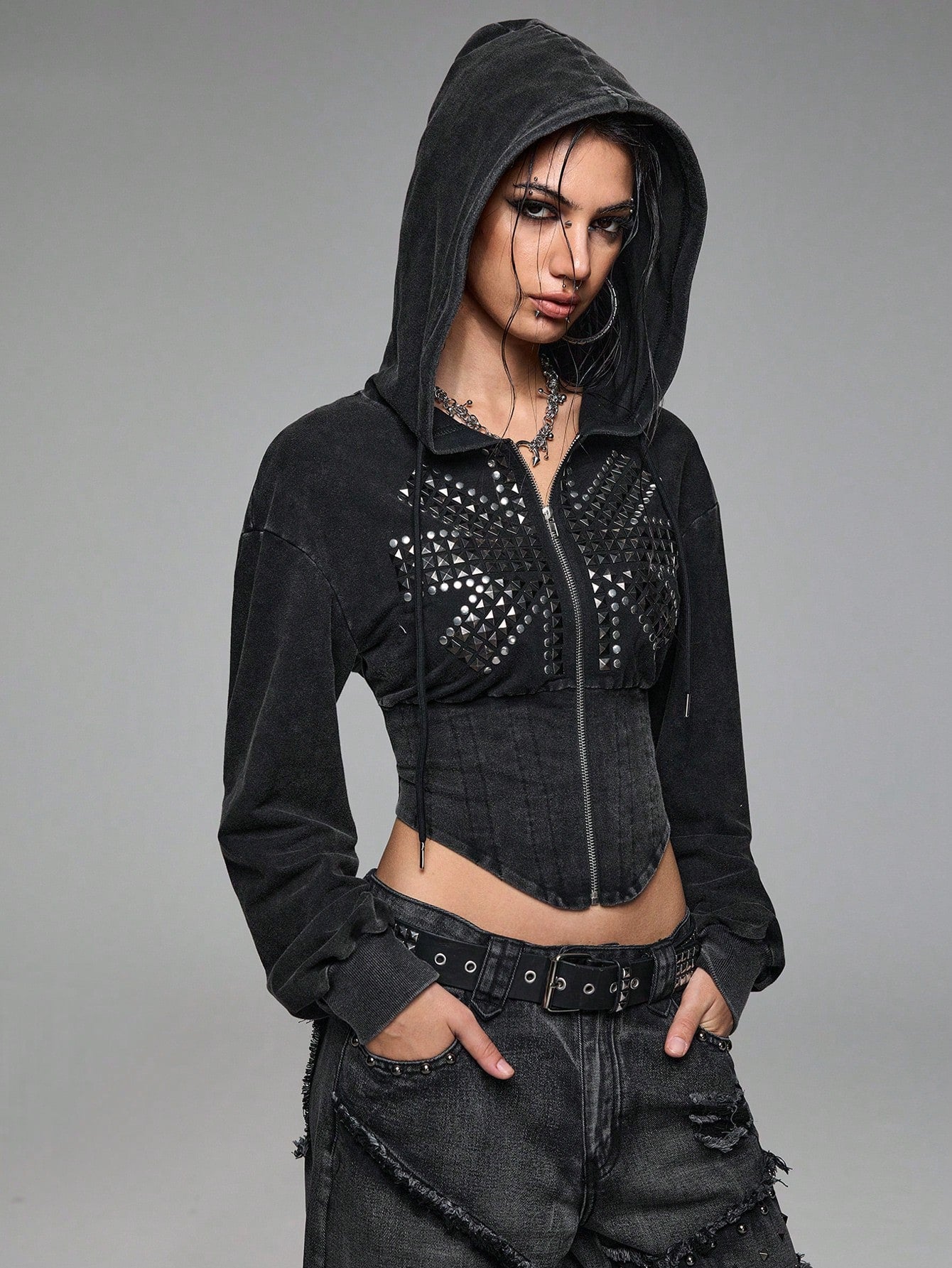 Grunge Punk Union Jack Studded Cropped Sweatshirt