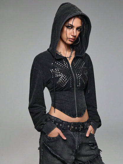 Grunge Punk Union Jack Studded Cropped Sweatshirt