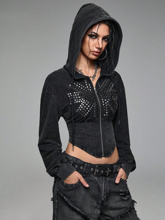 Grunge Punk Union Jack Studded Cropped Sweatshirt