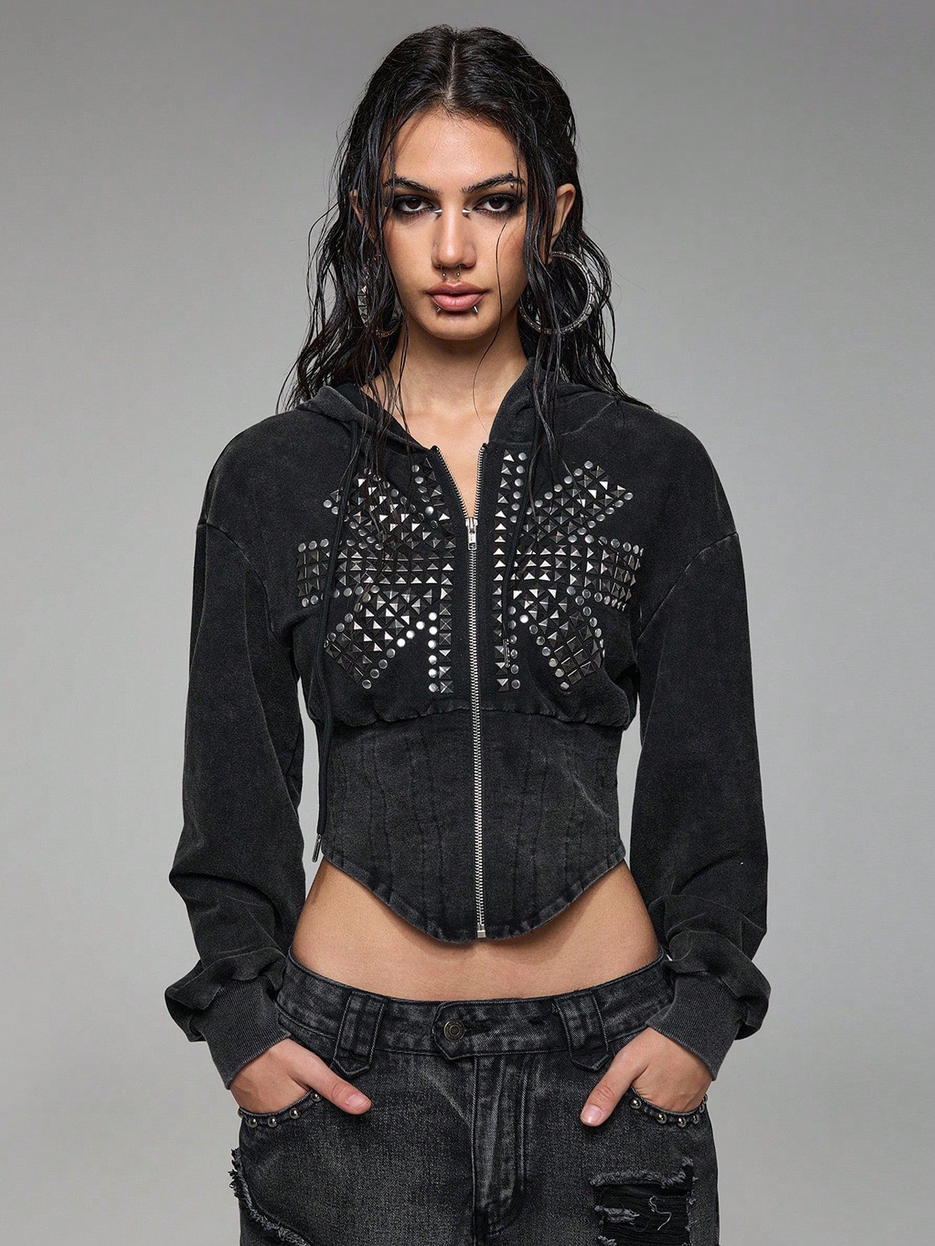 Grunge Punk Union Jack Studded Cropped Sweatshirt
