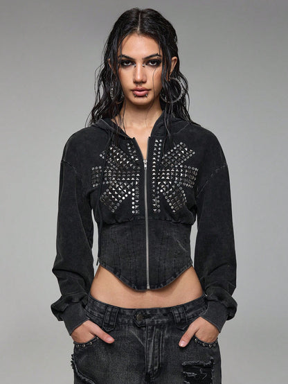 Grunge Punk Union Jack Studded Cropped Sweatshirt