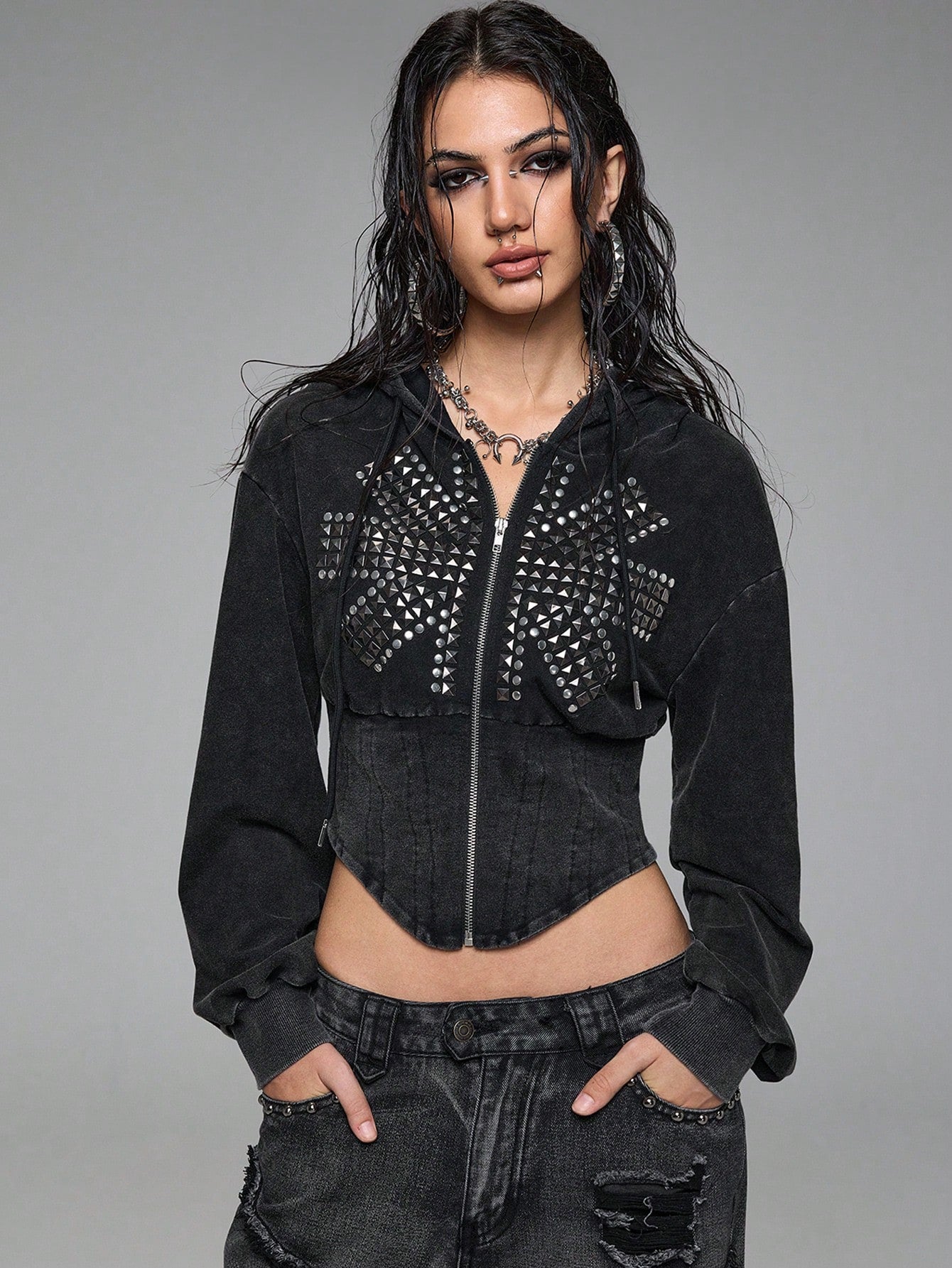 Grunge Punk Union Jack Studded Cropped Sweatshirt