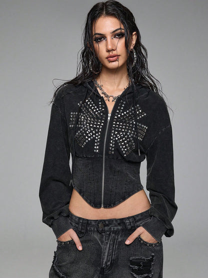 Grunge Punk Union Jack Studded Cropped Sweatshirt