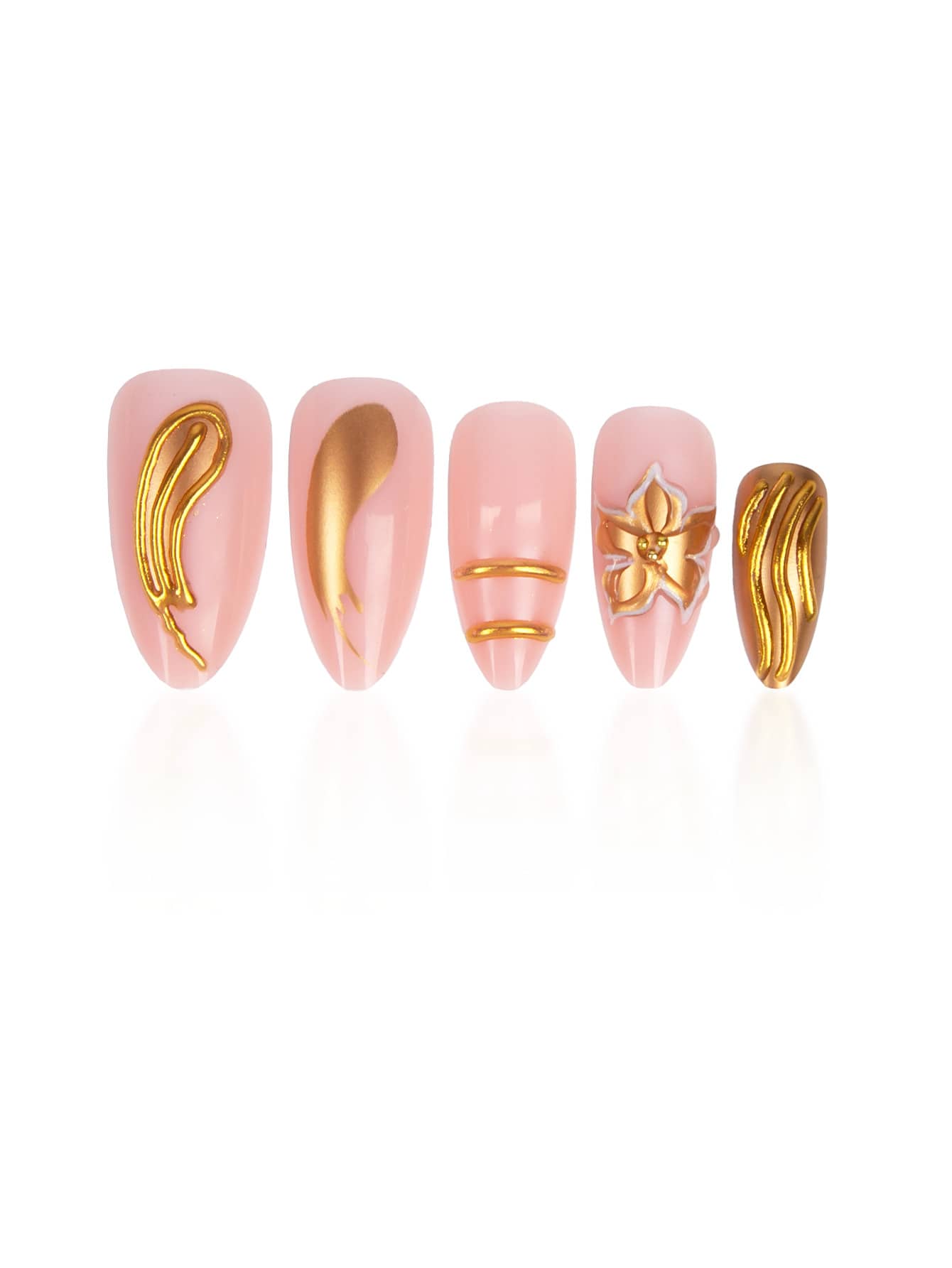 24pcs Nude Pink & 3D Gold Floral Almond Press-On Nails