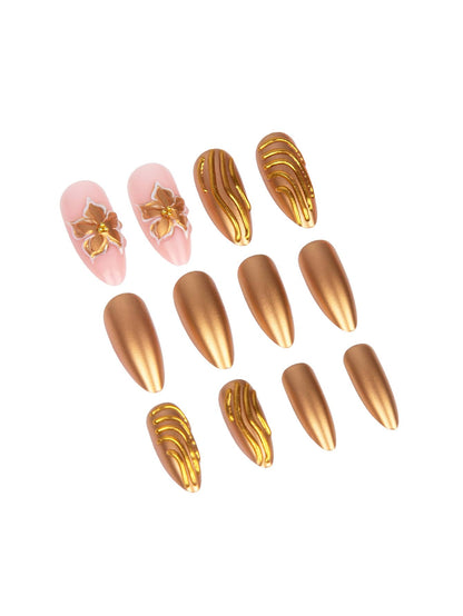 24pcs Nude Pink & 3D Gold Floral Almond Press-On Nails