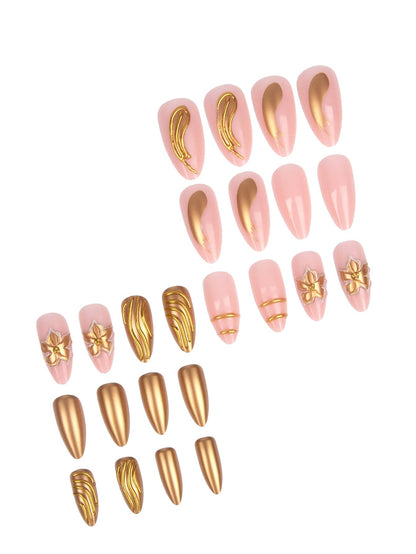 24pcs Nude Pink & 3D Gold Floral Almond Press-On Nails