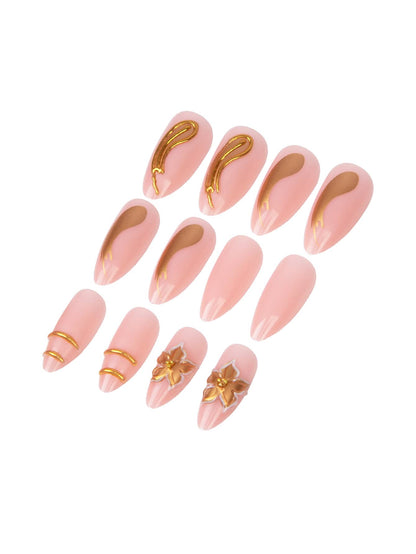 24pcs Nude Pink & 3D Gold Floral Almond Press-On Nails