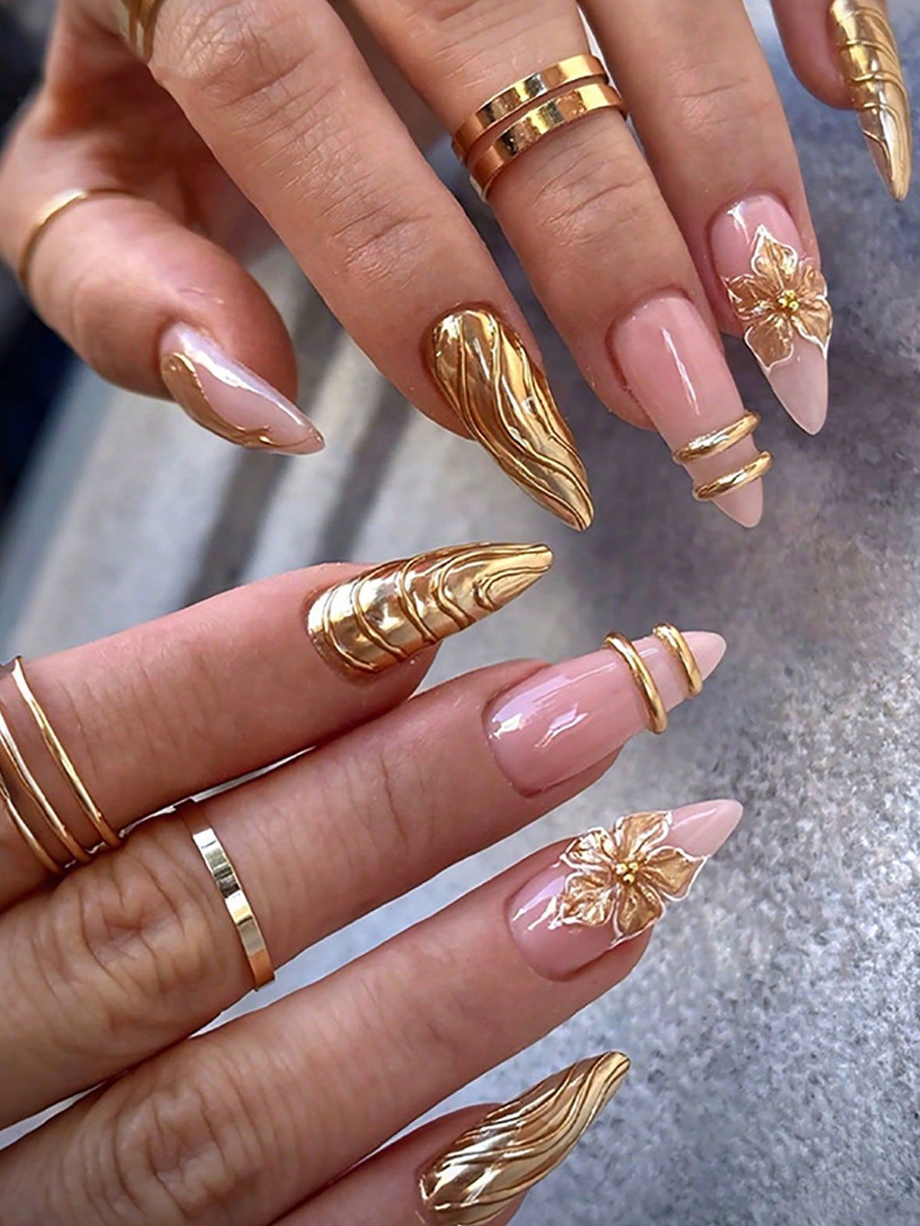 24pcs Nude Pink & 3D Gold Floral Almond Press-On Nails