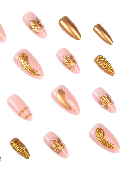 24pcs Nude Pink & 3D Gold Floral Almond Press-On Nails