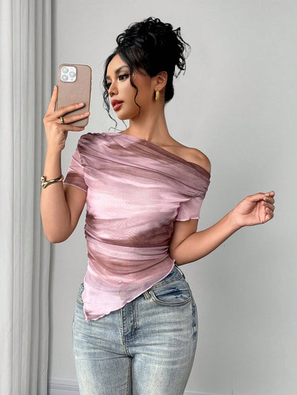 Women’s Tie-Dye Asymmetrical One Shoulder Short Sleeve