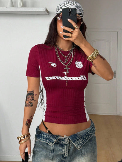 Y2K Ribbed Brown Slim Fit Short Sleeve Tee