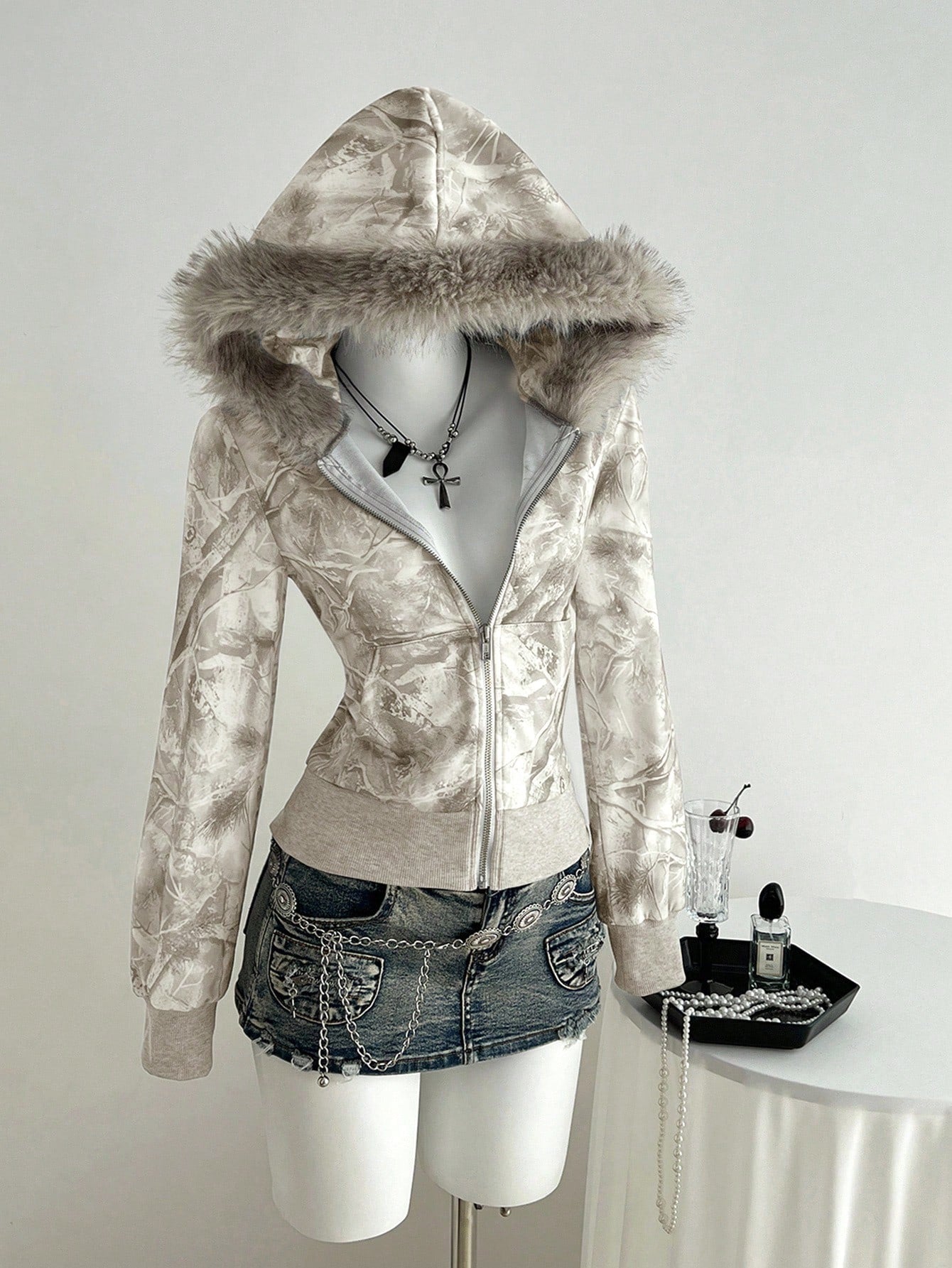 Women's Gray Patchwork Fur Zip Hoodie