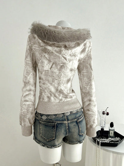 Women's Gray Patchwork Fur Zip Hoodie