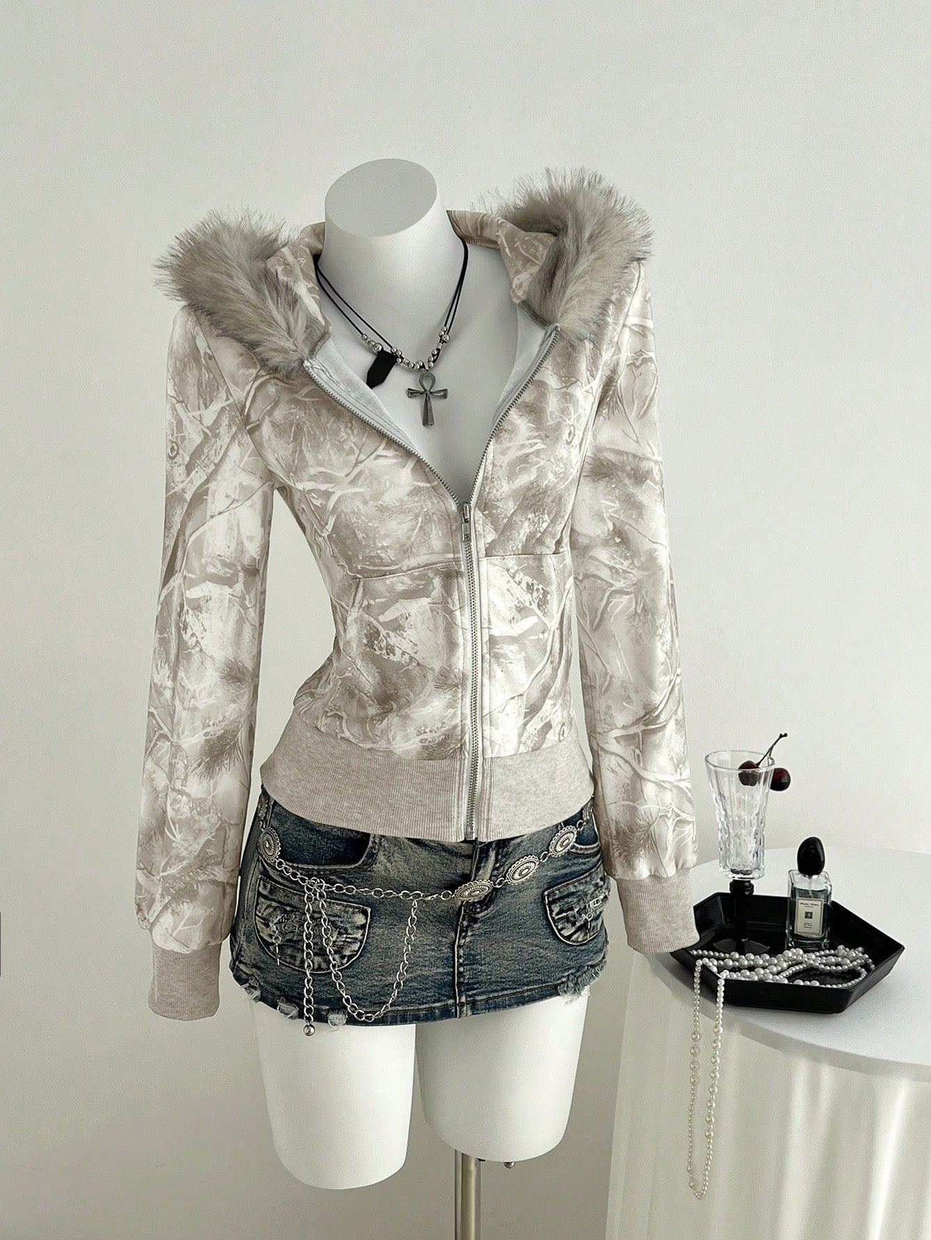 Women's Gray Patchwork Fur Zip Hoodie