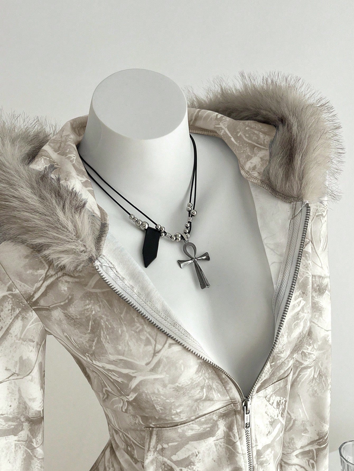 Women's Gray Patchwork Fur Zip Hoodie