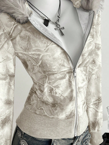 Women's Gray Patchwork Fur Zip Hoodie