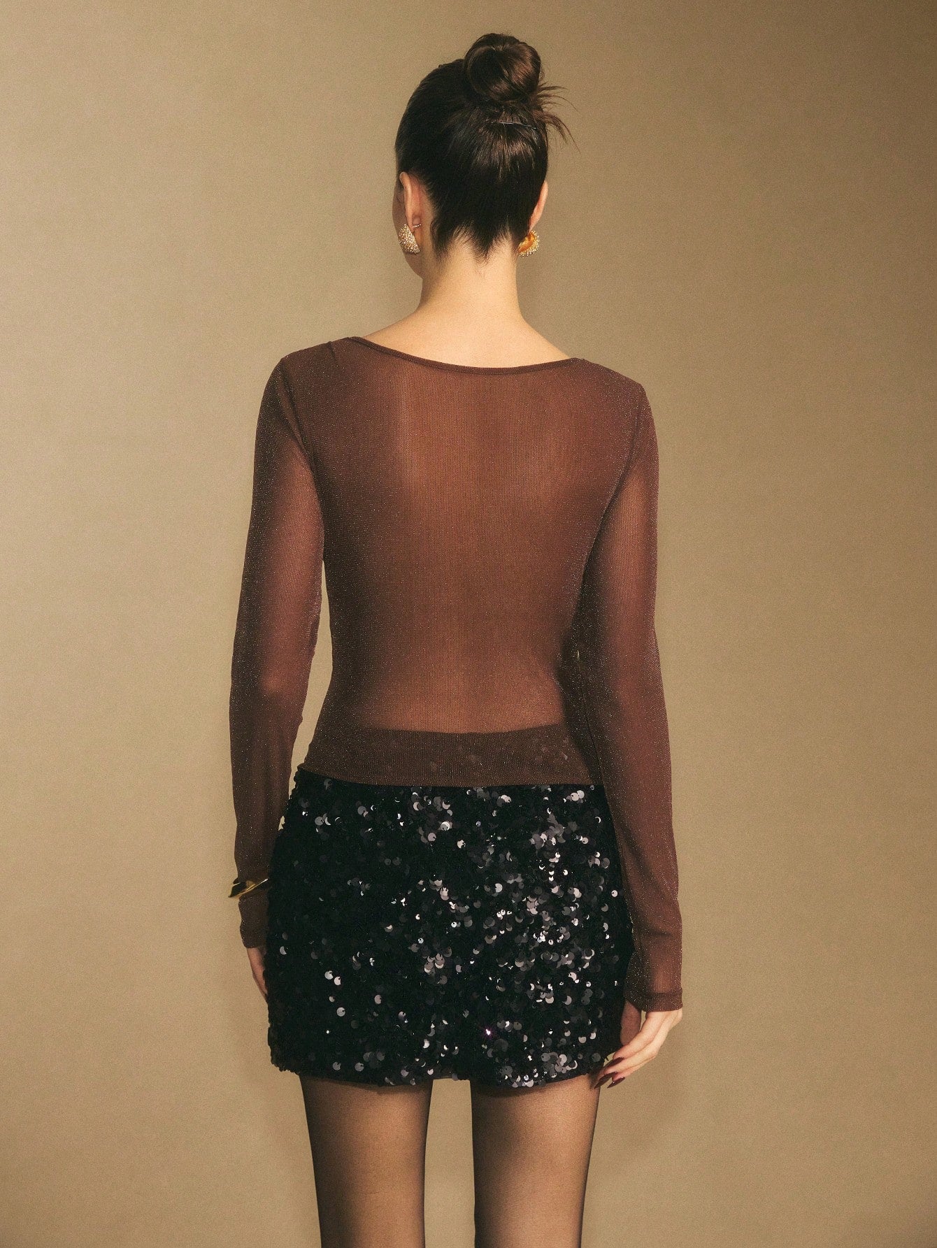 Brown Rhinestone Cowl Neck Sparkly Mesh Party Top