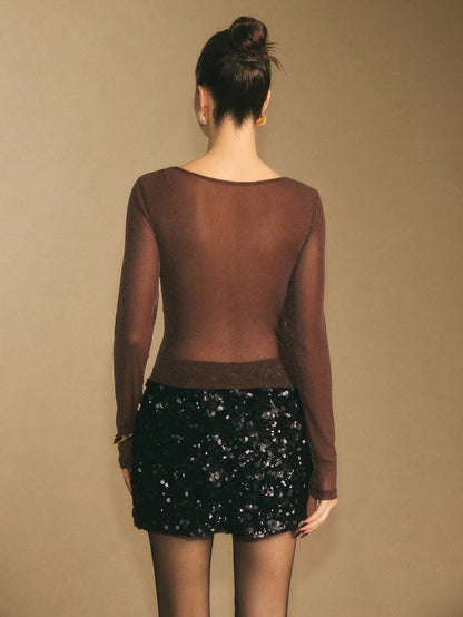 Brown Rhinestone Cowl Neck Sparkly Mesh Party Top