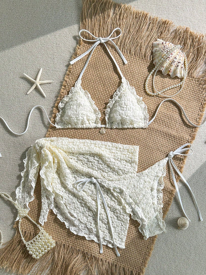 Yellow Floral Textured 3-Piece Pearl Bikini Set