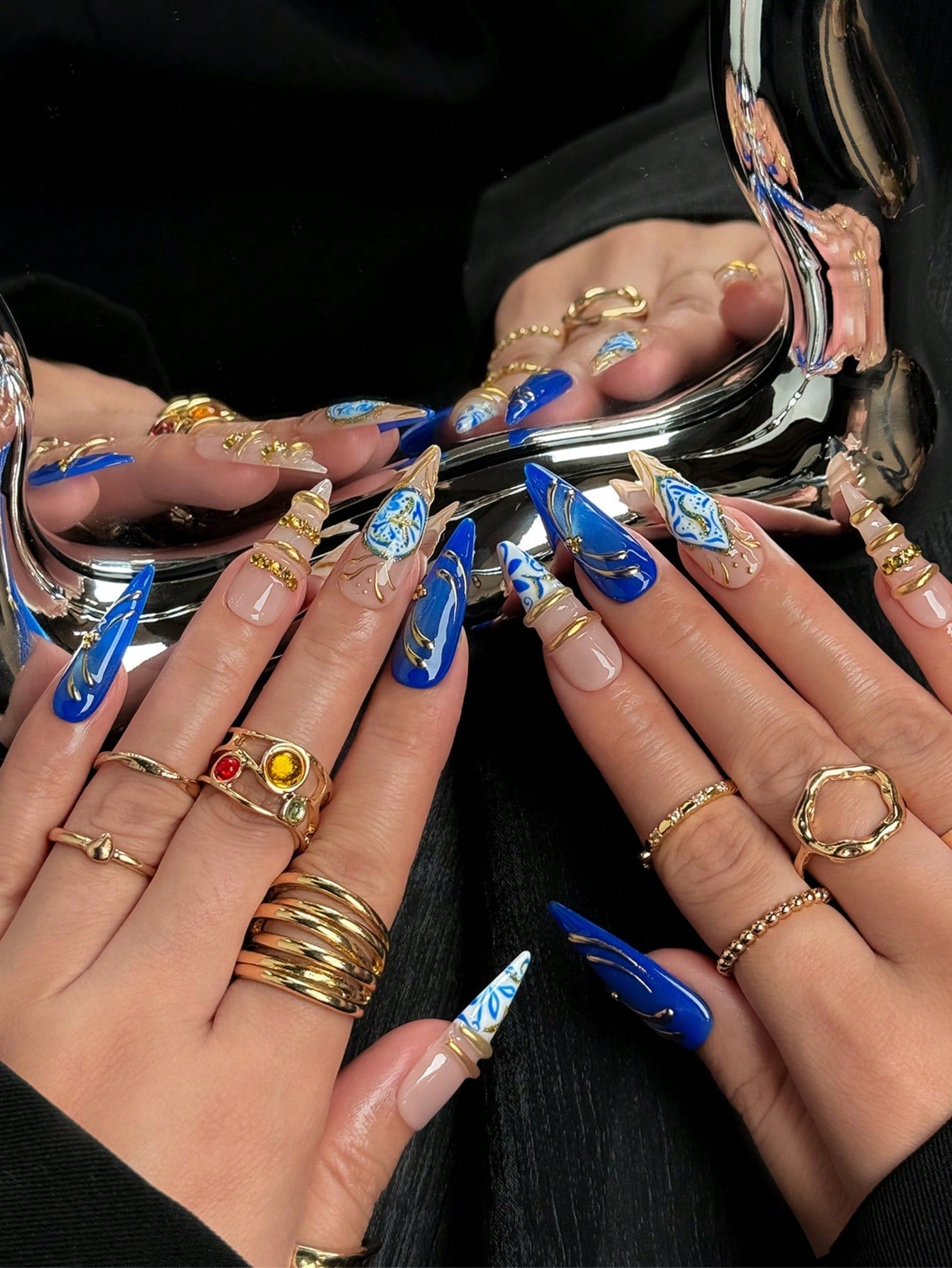 Blue Y2K Cat Eye Floral Handmade Press-On Nails
