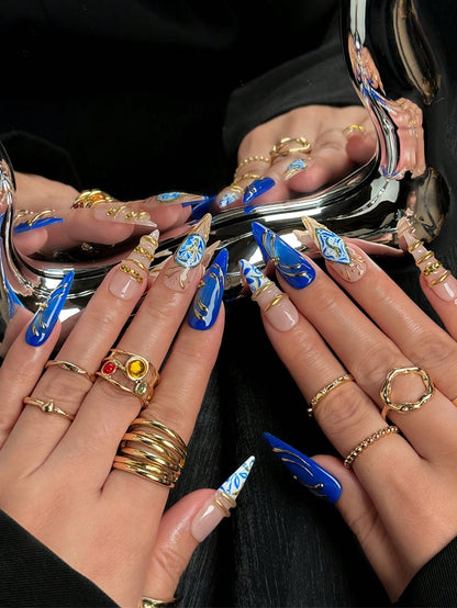 Blue Y2K Cat Eye Floral Handmade Press-On Nails